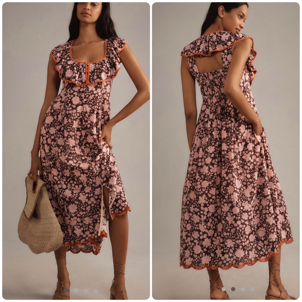 Maeve Anthropologie Scoop-Neck Ruffled Embroidered Midi Dress Purple Floral L